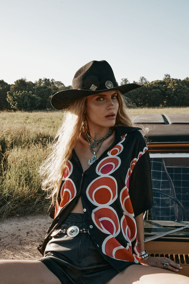 Spinning Wheel Hand Painted Silk Oversized Shirt - Black