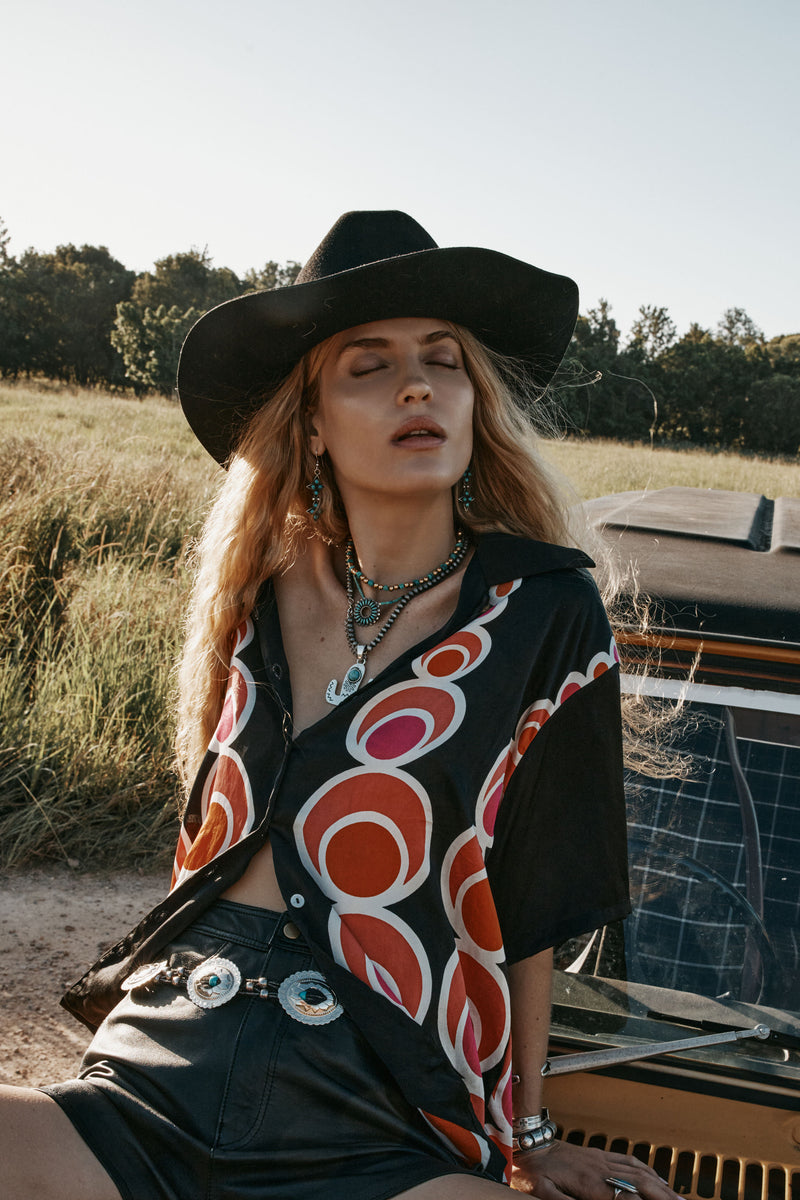Spinning Wheel Hand Painted Silk Oversized Shirt - Black