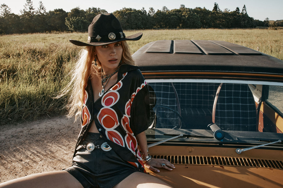 Spinning Wheel Hand Painted Silk Oversized Shirt - Black