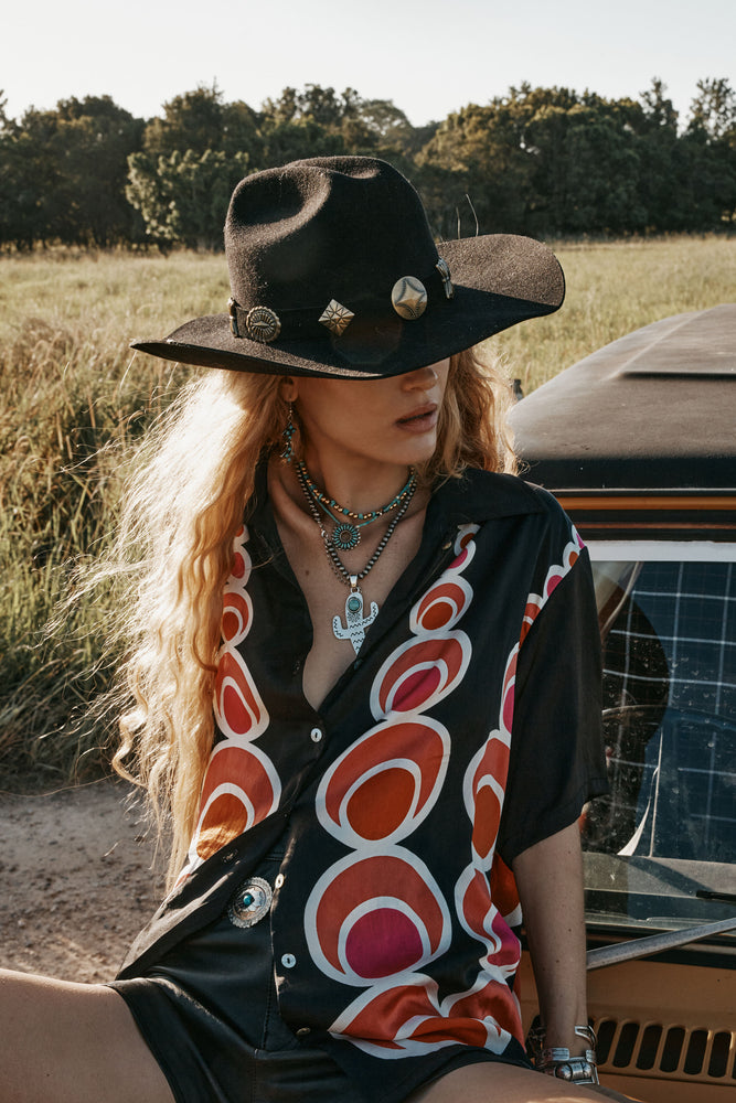 Spinning Wheel Hand Painted Silk Oversized Shirt - Black