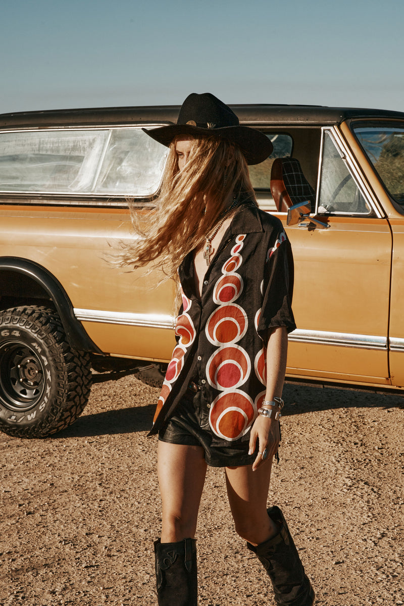 Spinning Wheel Hand Painted Silk Oversized Shirt - Black