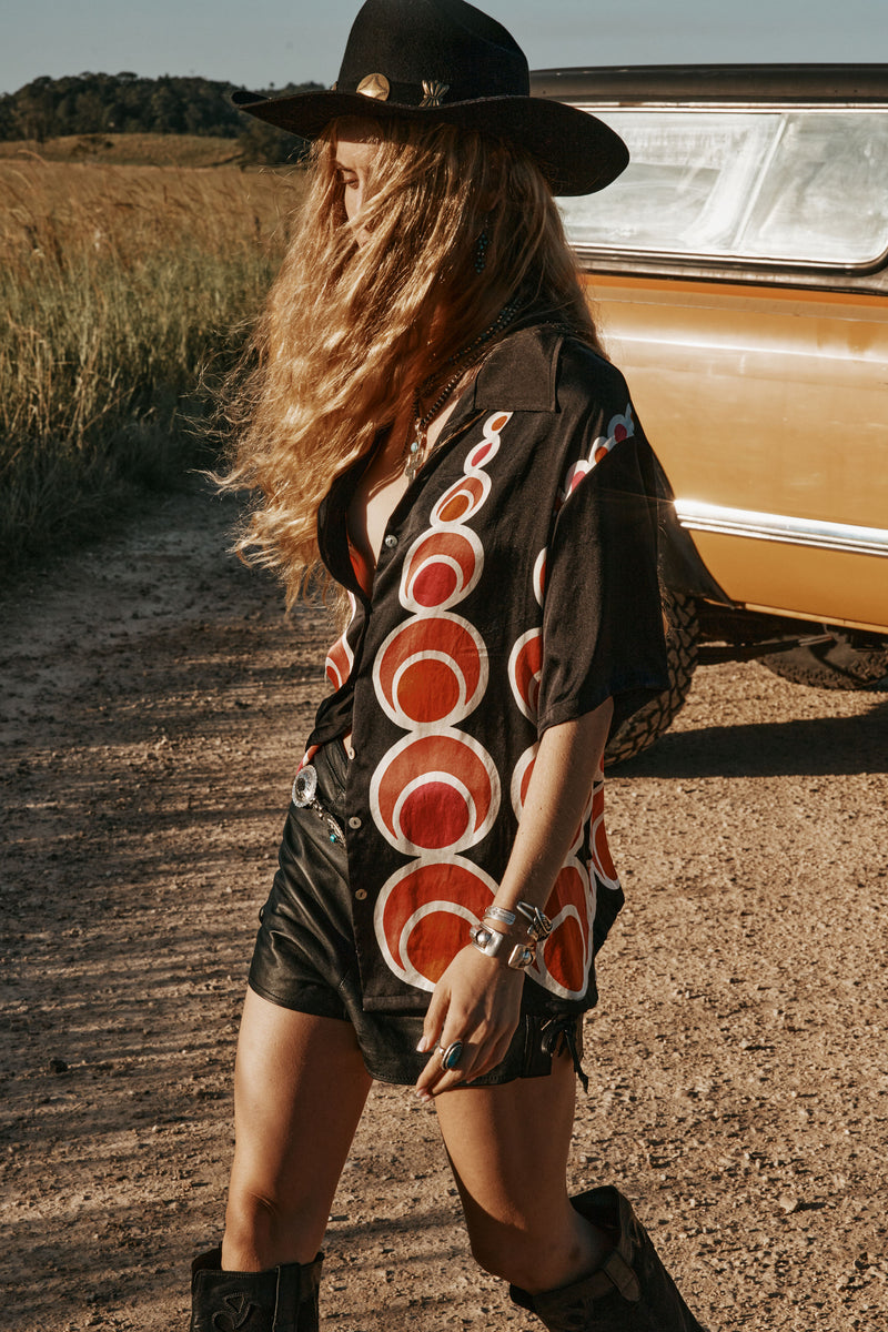 Spinning Wheel Hand Painted Silk Oversized Shirt - Black