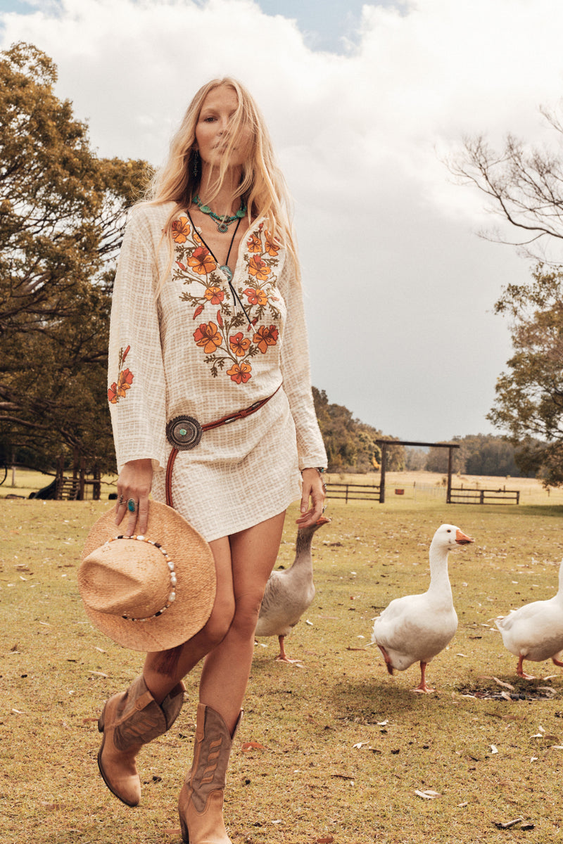 River Raw Silk Embroidered Folk Tunic Dress