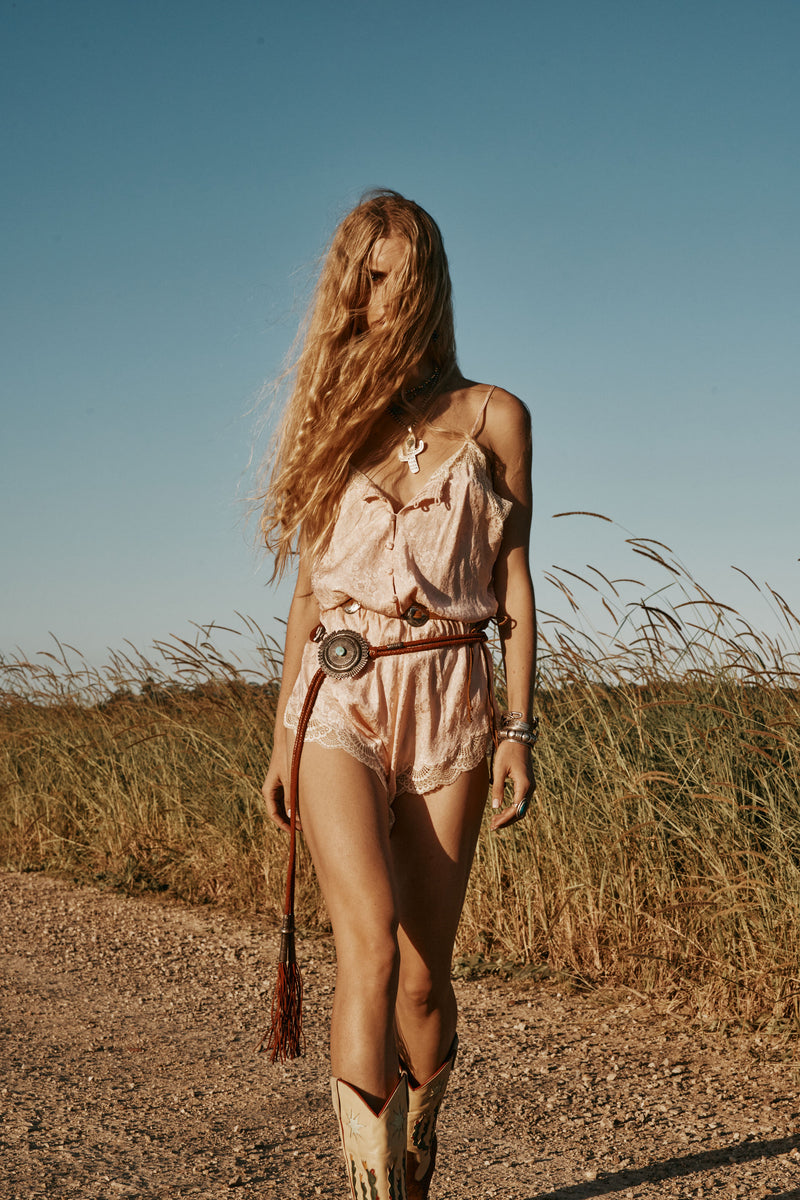 Crystal Silk Jacquard and Lace Romper