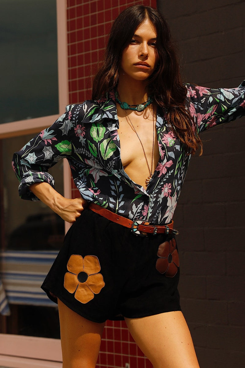 Sun To Me Appliqué Flower Suede + Leather Shorts