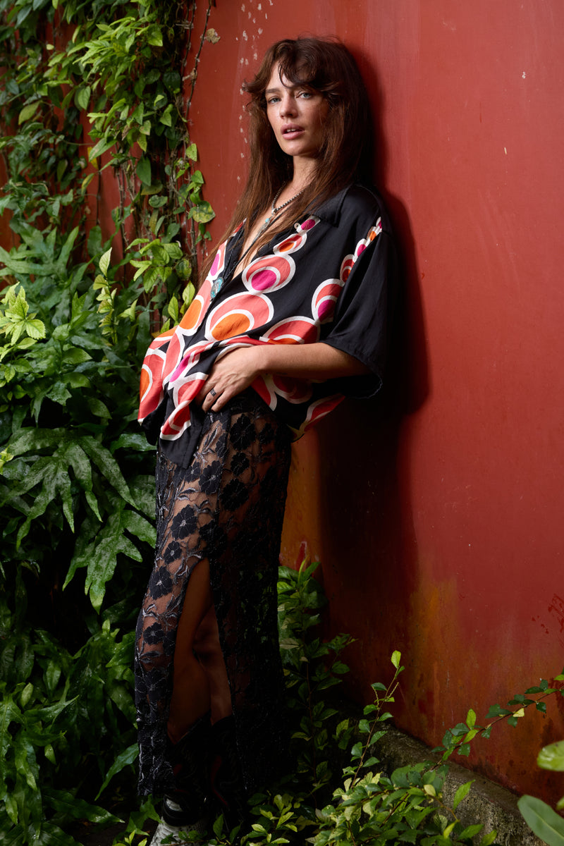 Spinning Wheel Hand Painted Silk Oversized Shirt - Black