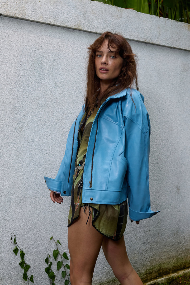 Material Girl Zip Leather Jacket - Blue