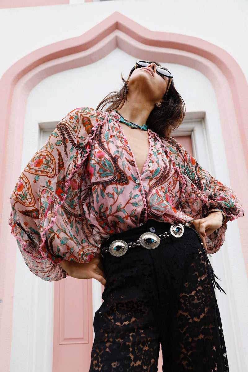 A New Day For Love Silk Blouse - Pink Gypsy Paisley