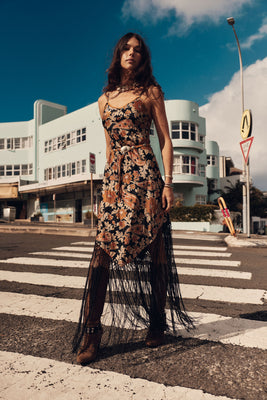 Wonderful Tonight Silk + Fringe Slip Dress - Midnight Paisley