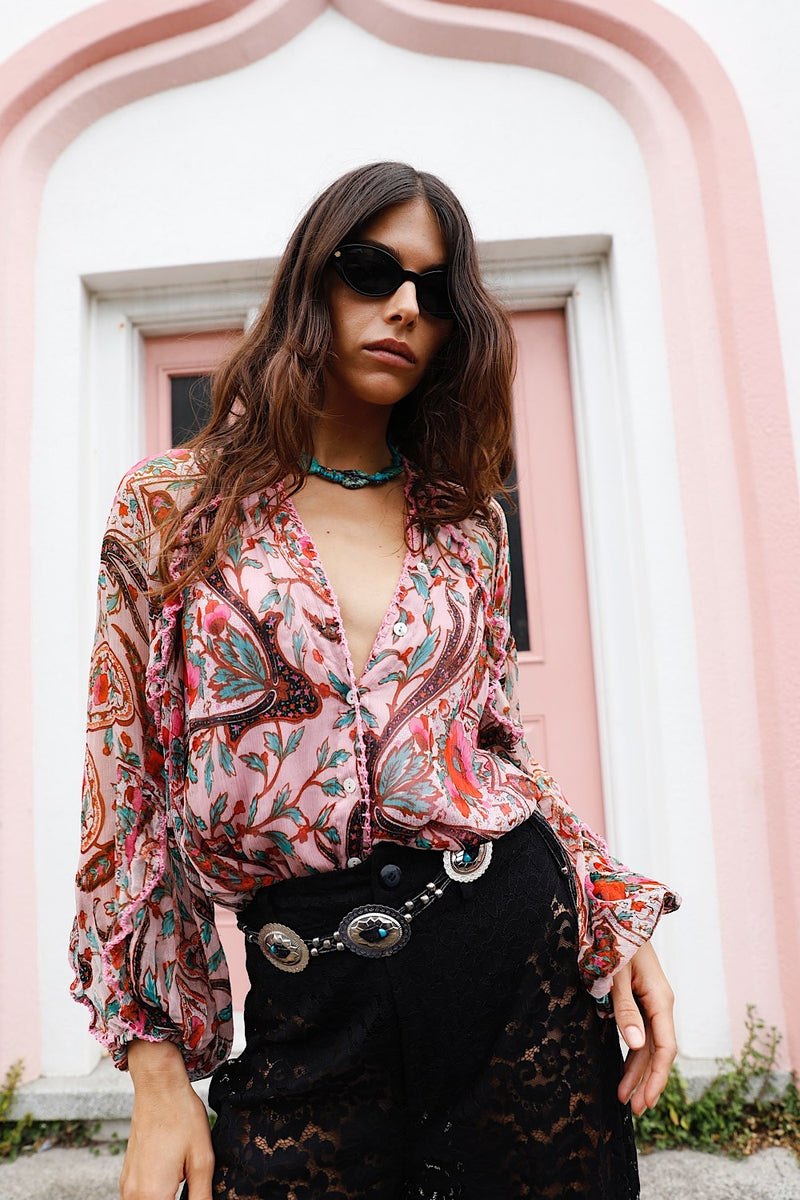 A New Day For Love Silk Blouse - Pink Gypsy Paisley