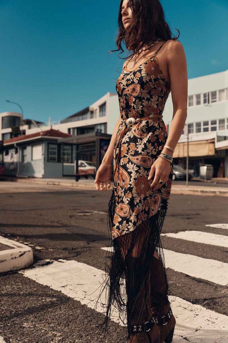 Wonderful Tonight Silk + Fringe Slip Dress - Midnight Paisley