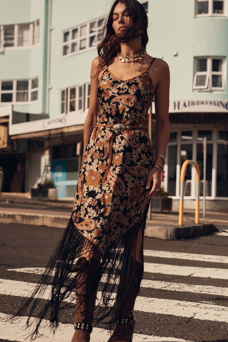 Wonderful Tonight Silk + Fringe Slip Dress - Midnight Paisley