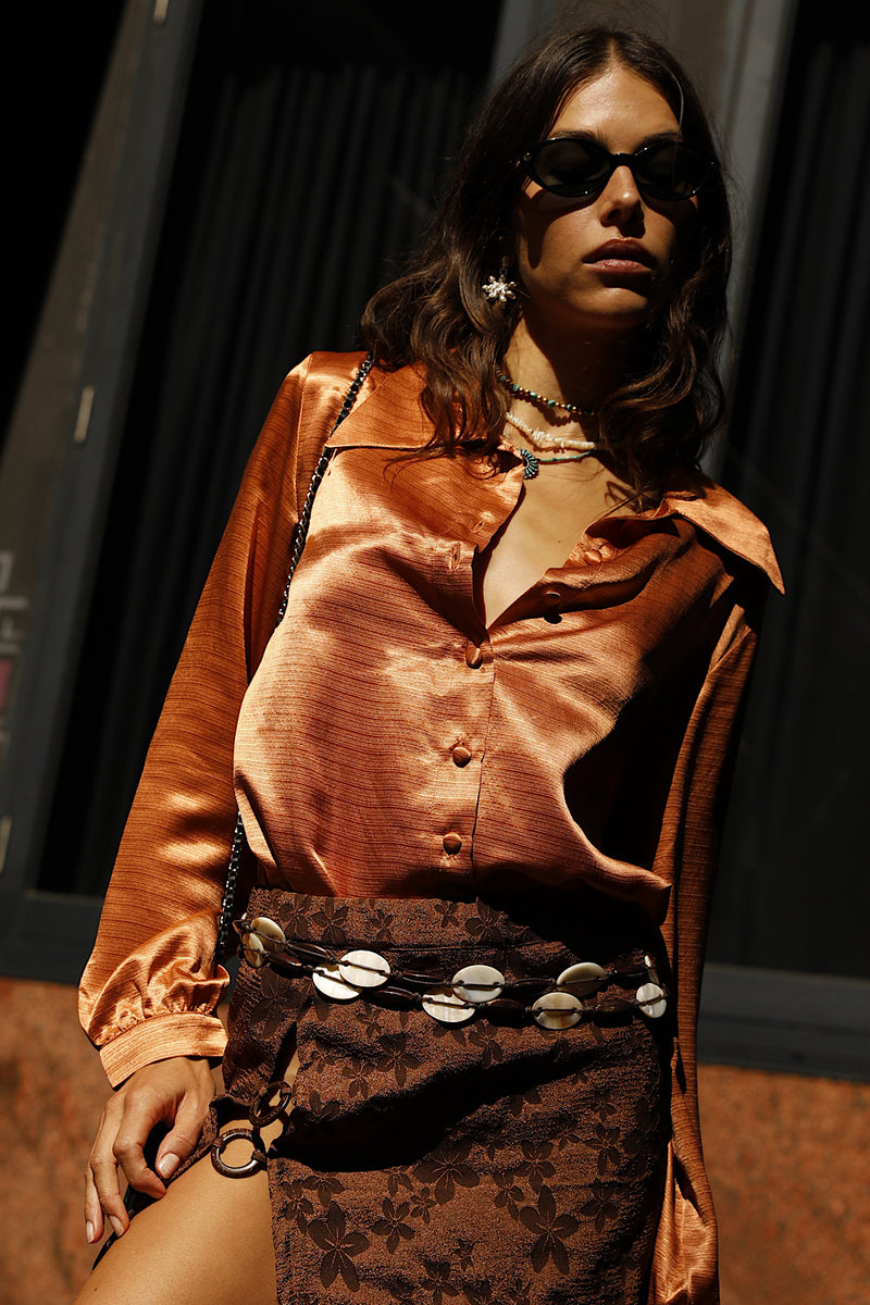Midnight Special Textural Silk Satin Blouse - Caramel