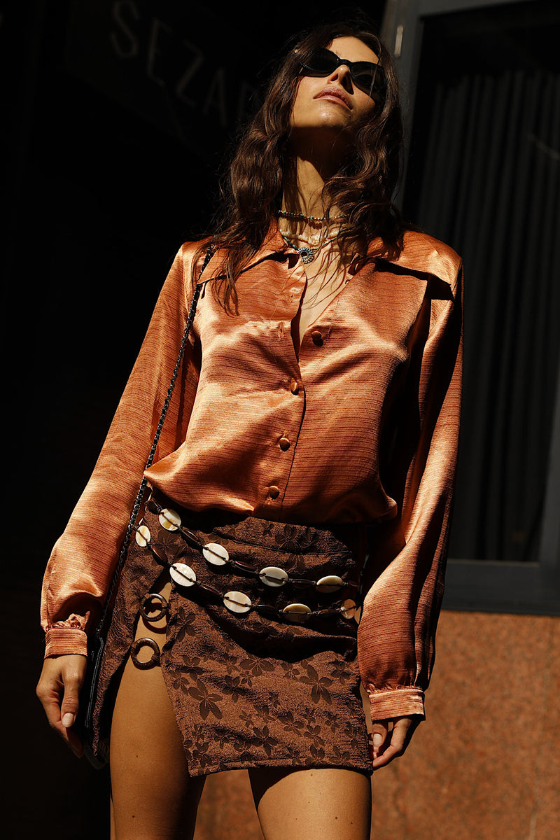 Midnight Special Textural Silk Satin Blouse - Caramel