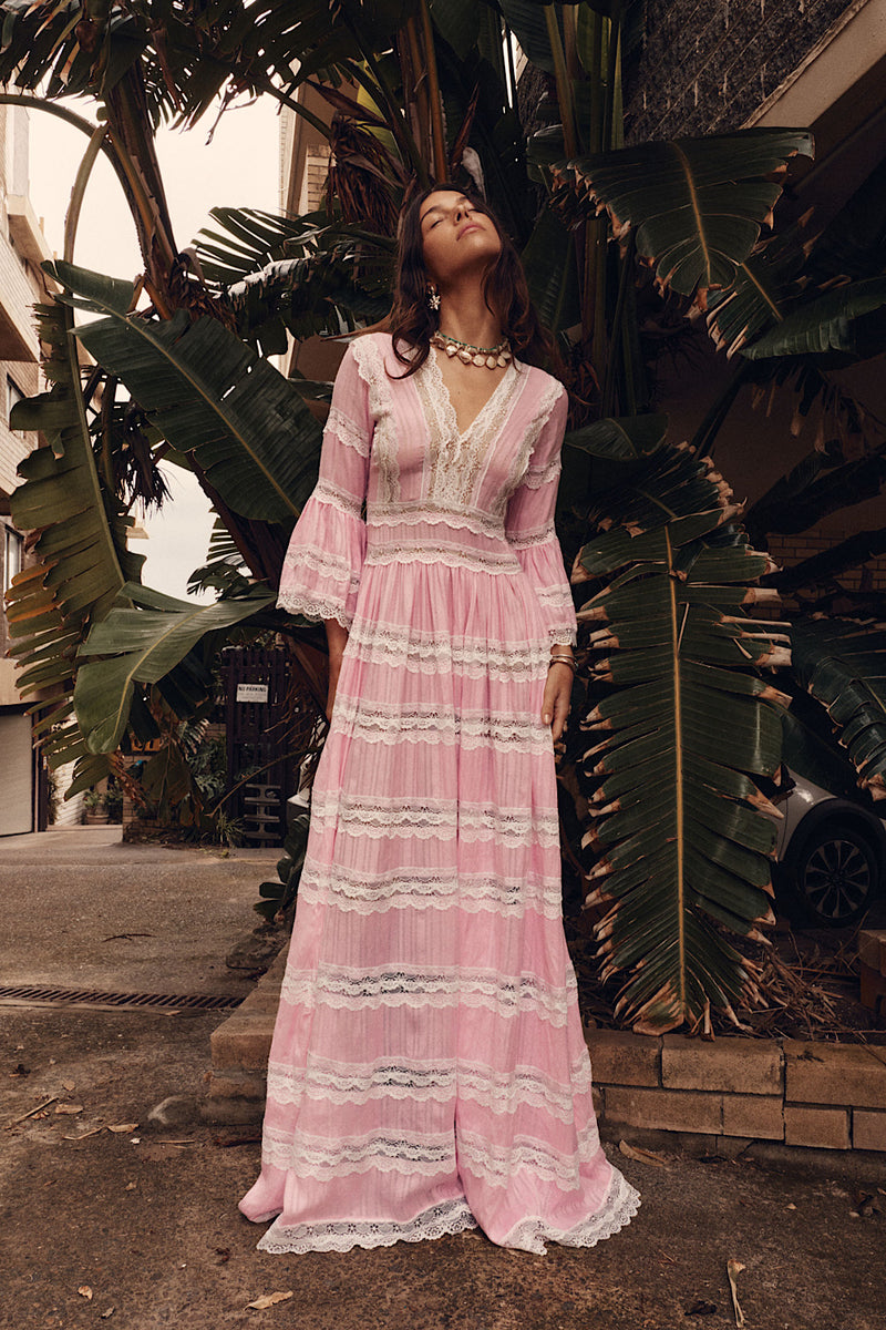 Love Hangover Cotton + Lace Maxi Dress - Pink
