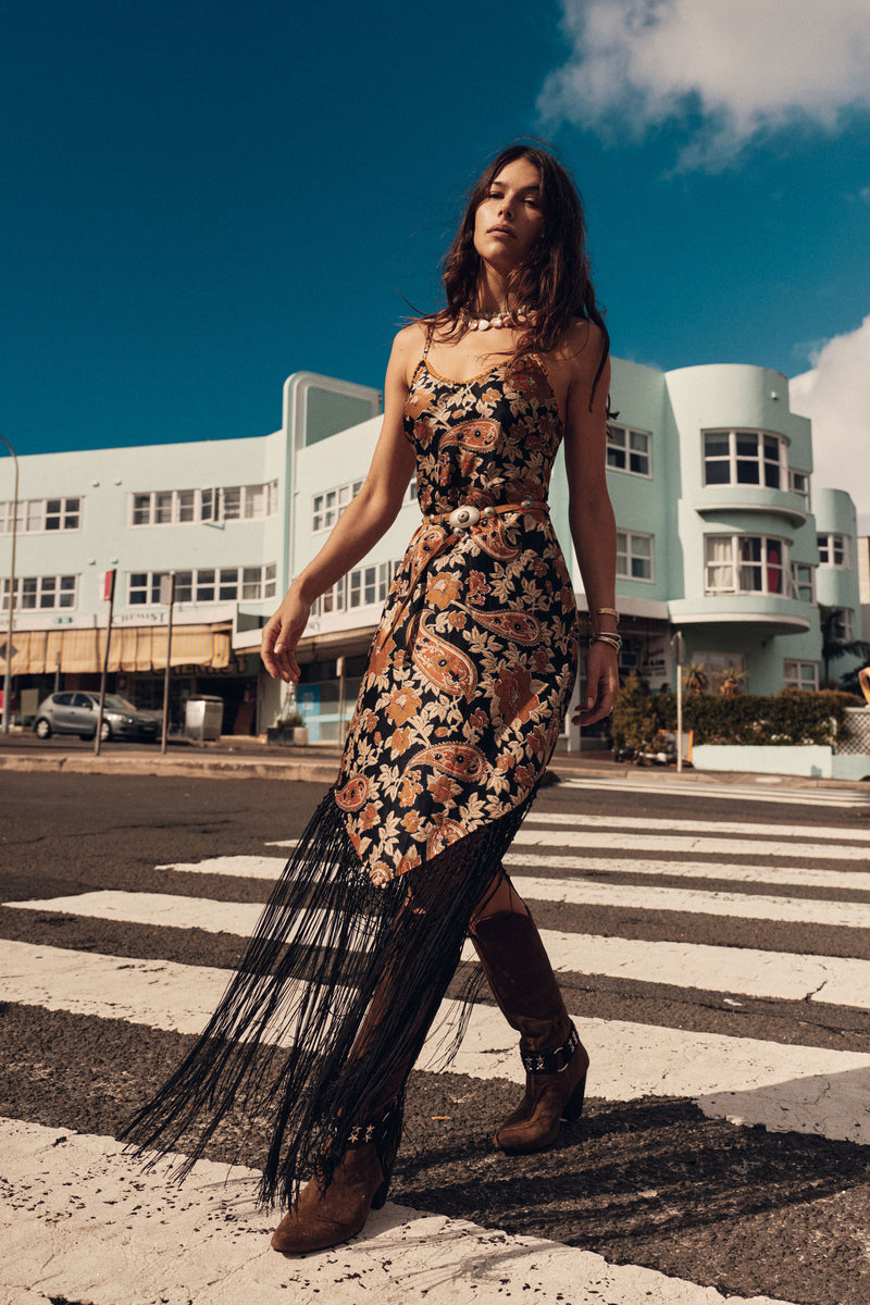 Wonderful Tonight Silk + Fringe Slip Dress - Midnight Paisley