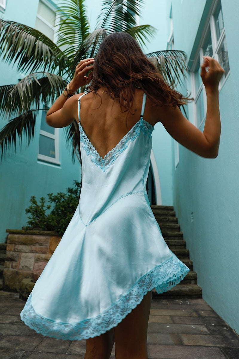 Austin Silk Satin + Lace Mini Dress - Turquoise