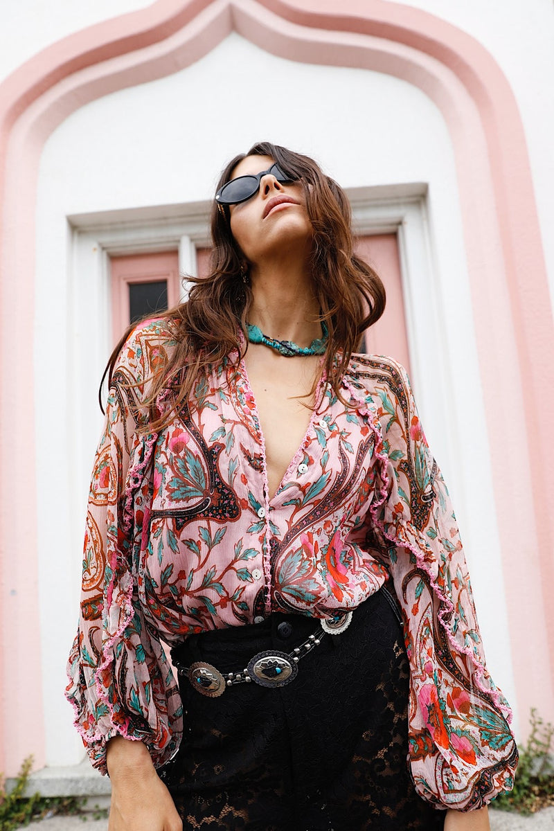A New Day For Love Silk Blouse - Pink Gypsy Paisley