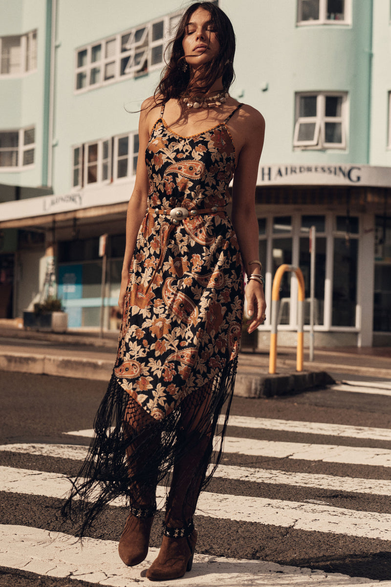 Wonderful Tonight Silk + Fringe Slip Dress - Midnight Paisley