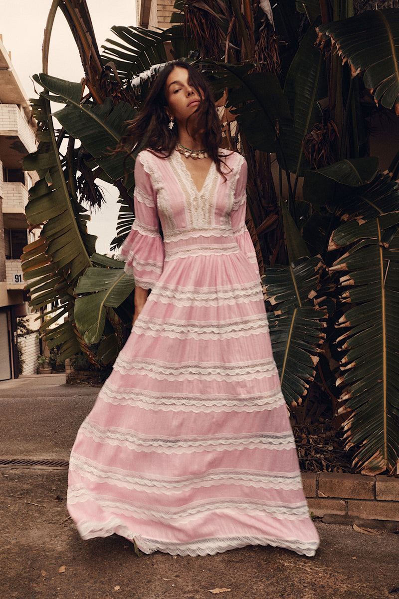 Love Hangover Cotton + Lace Maxi Dress - Pink