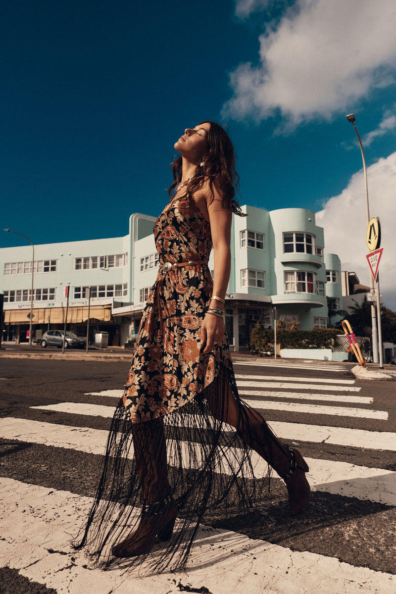 Wonderful Tonight Silk + Fringe Slip Dress - Midnight Paisley