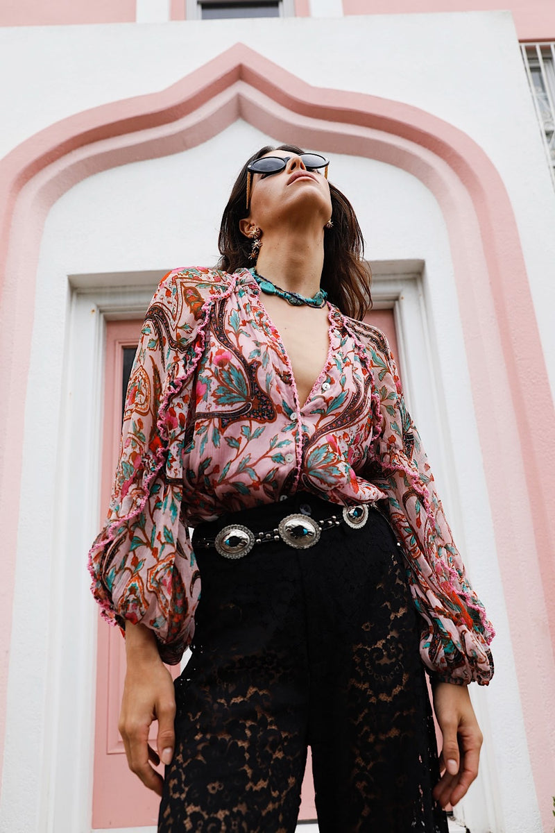 A New Day For Love Silk Blouse - Pink Gypsy Paisley