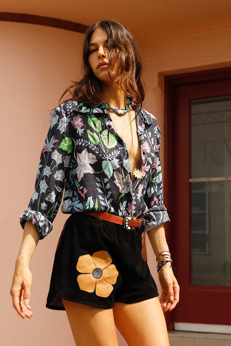 Sun To Me Appliqué Flower Suede + Leather Shorts