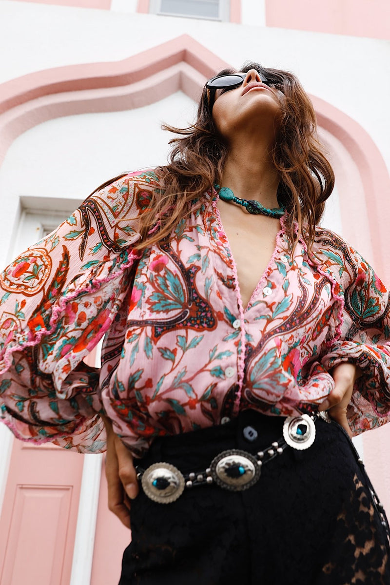 A New Day For Love Silk Blouse - Pink Gypsy Paisley