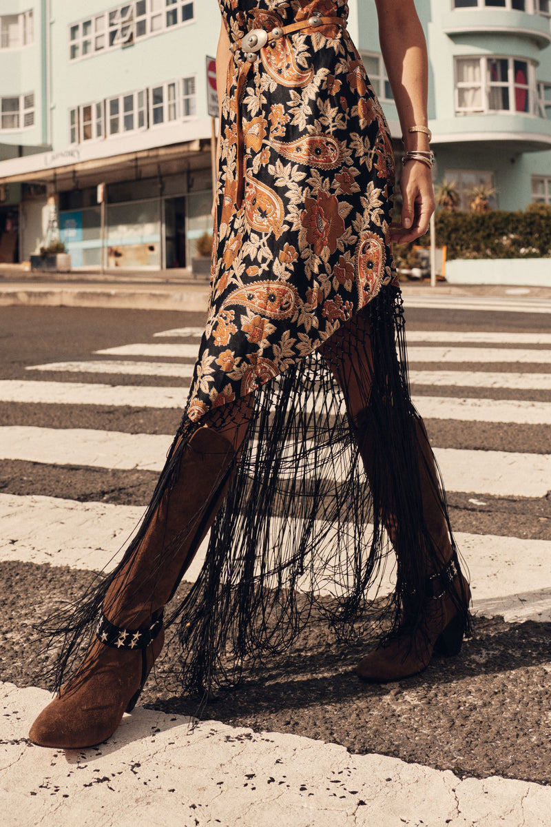 Wonderful Tonight Silk + Fringe Slip Dress - Midnight Paisley