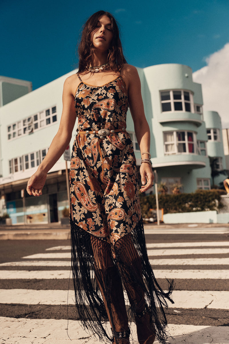 Wonderful Tonight Silk + Fringe Slip Dress - Midnight Paisley