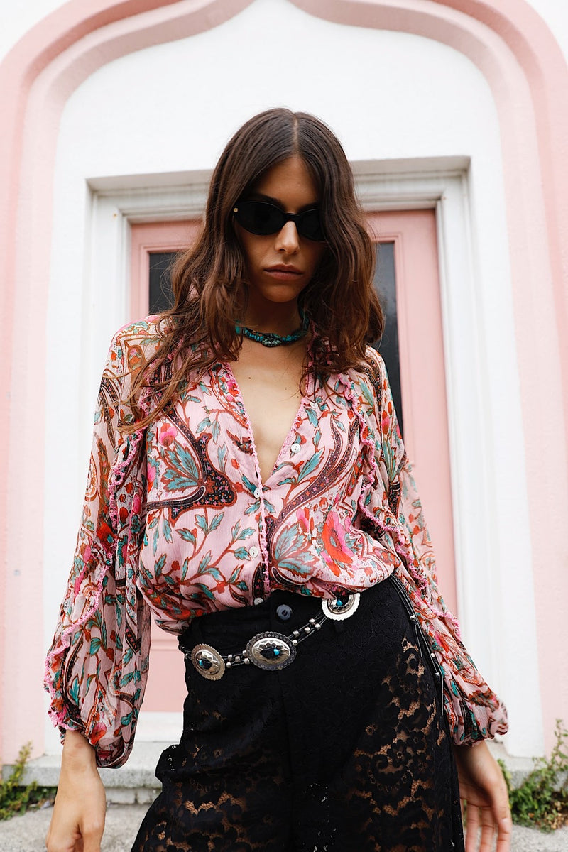 A New Day For Love Silk Blouse - Pink Gypsy Paisley