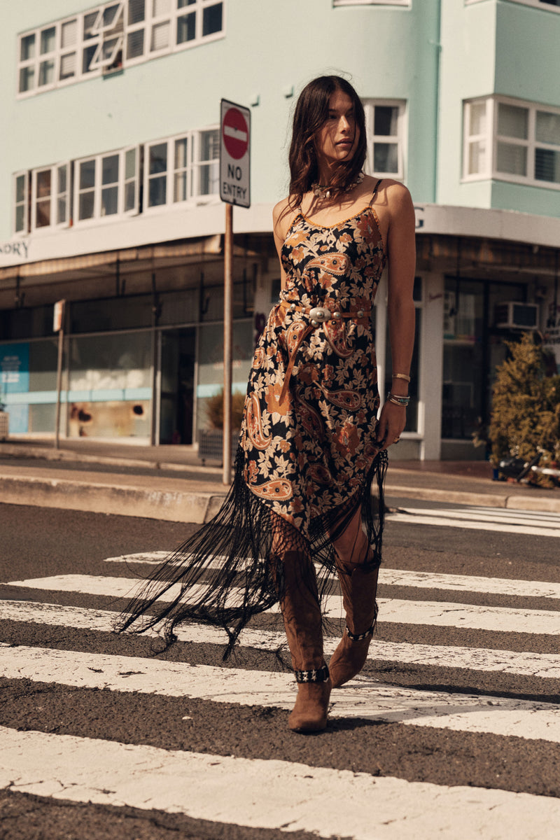 Wonderful Tonight Silk + Fringe Slip Dress - Midnight Paisley
