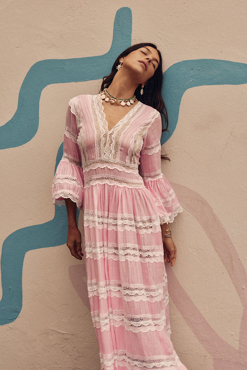 Love Hangover Cotton + Lace Maxi Dress - Pink