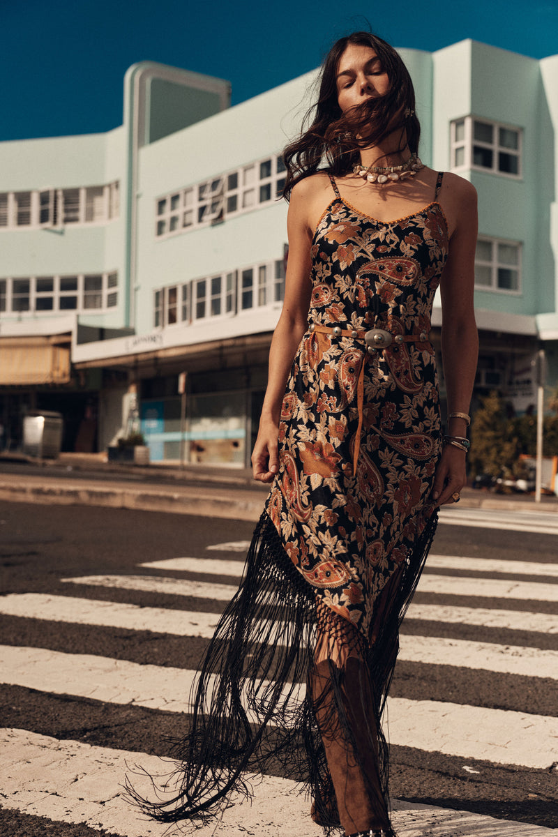 Wonderful Tonight Silk + Fringe Slip Dress - Midnight Paisley