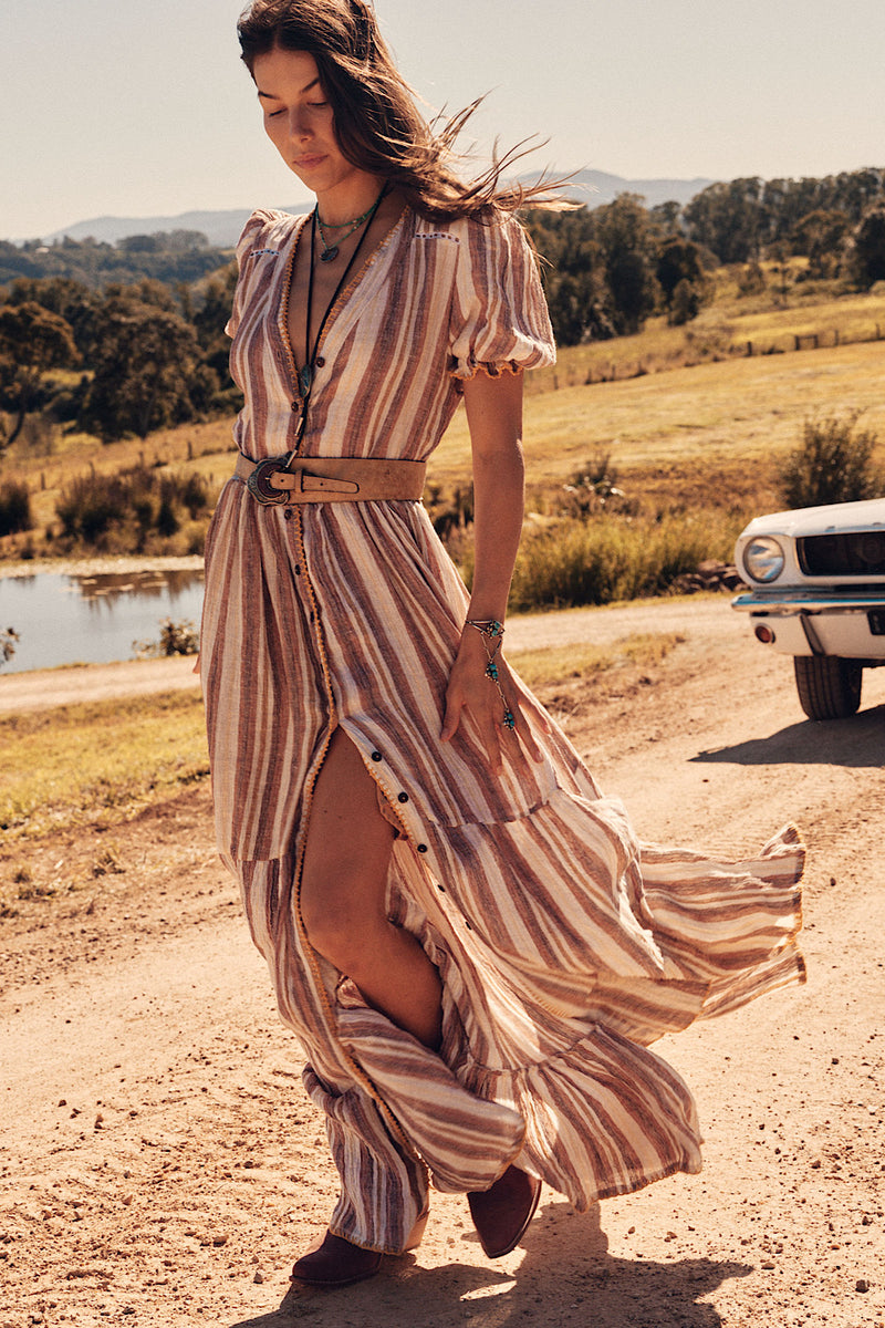 Spanish Moon Maxi Dress - walnut stripe