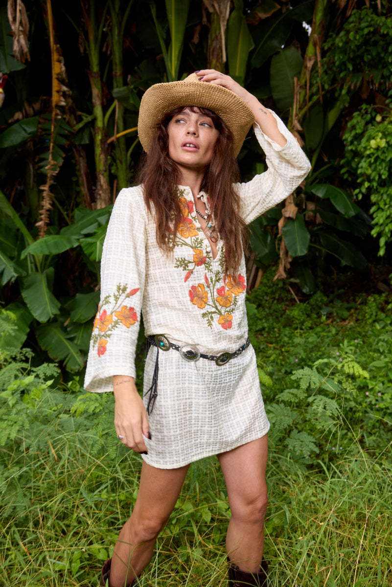 River Raw Silk Embroidered Folk Tunic Dress