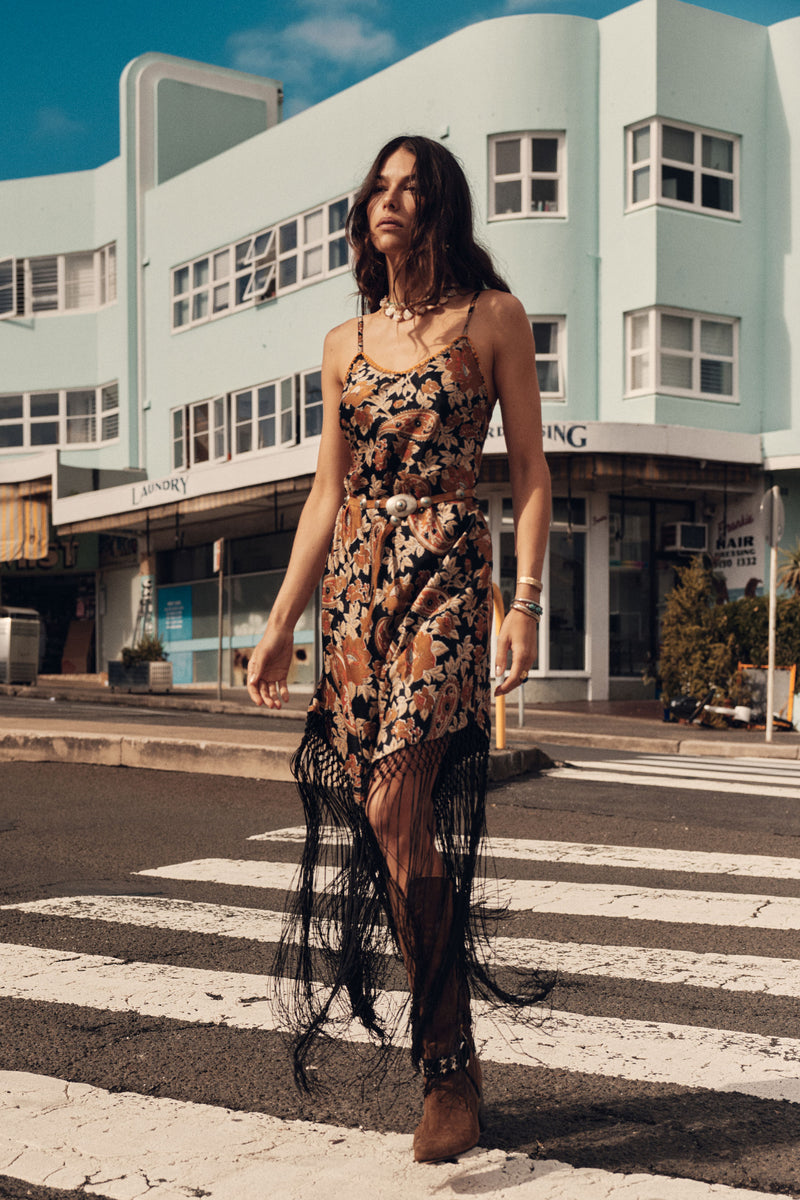 Wonderful Tonight Silk + Fringe Slip Dress - Midnight Paisley