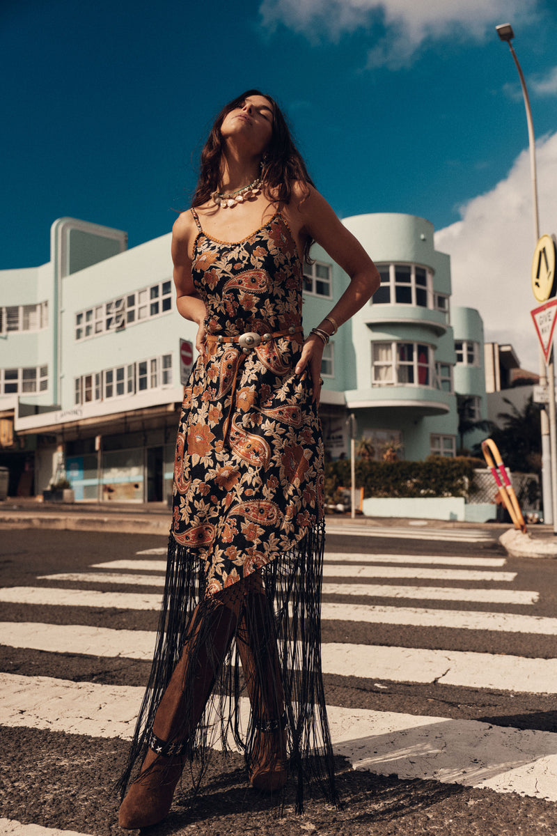 Wonderful Tonight Silk + Fringe Slip Dress - Midnight Paisley