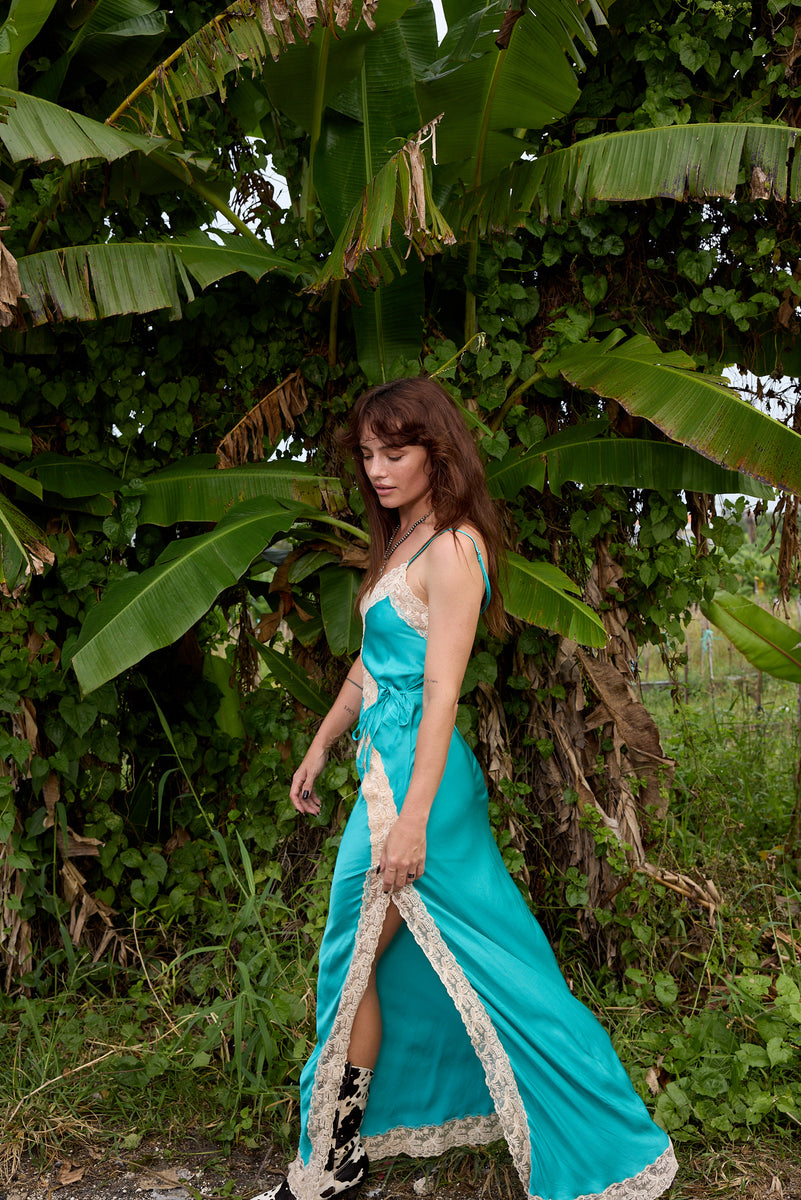Serenade Silk Satin + Lace Maxi Slip Dress - Turquoise