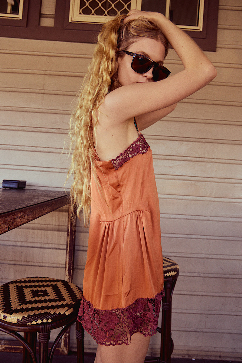Morning Has Broken Cutwork Silk Mini Dress - Copper