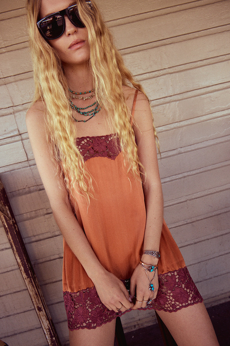 Morning Has Broken Cutwork Silk Mini Dress - Copper