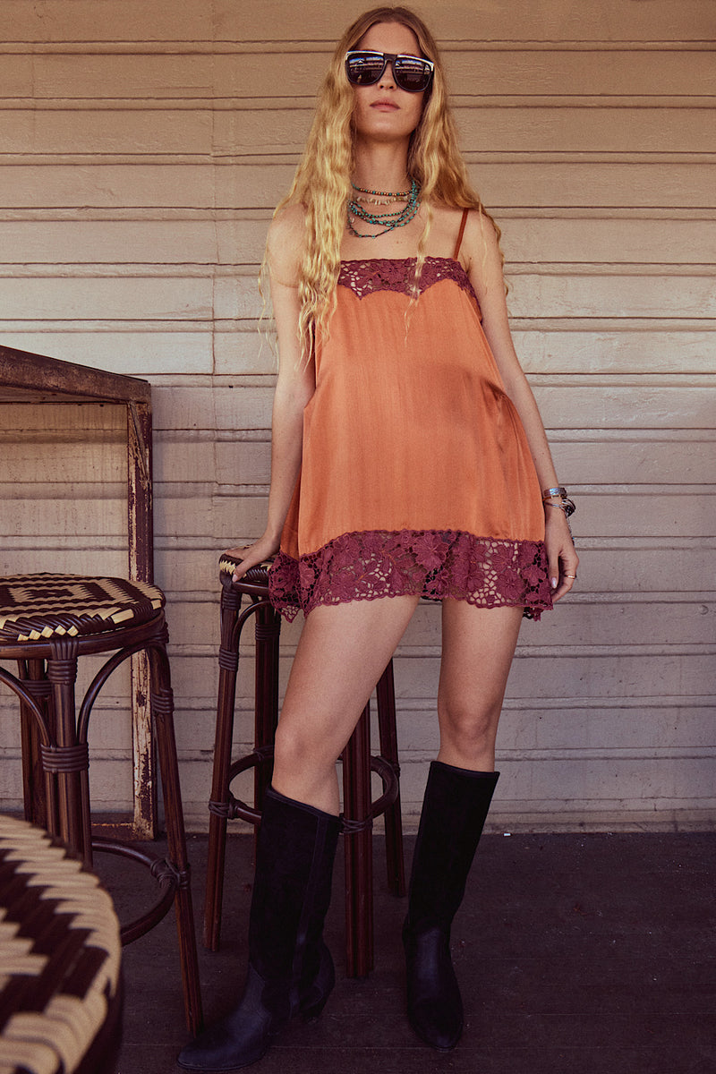 Morning Has Broken Cutwork Silk Mini Dress - Copper