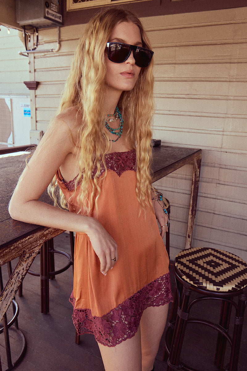 Morning Has Broken Cutwork Silk Mini Dress - Copper