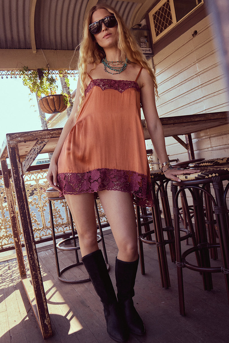 Morning Has Broken Cutwork Silk Mini Dress - Copper