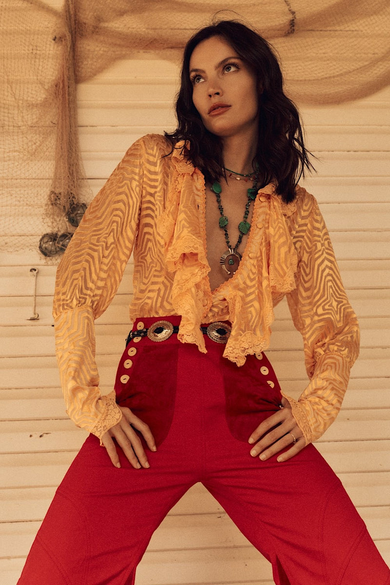 Good Times, Bad Times Silk Burnout, Lace + Ruffle Blouse - Golden Sunset