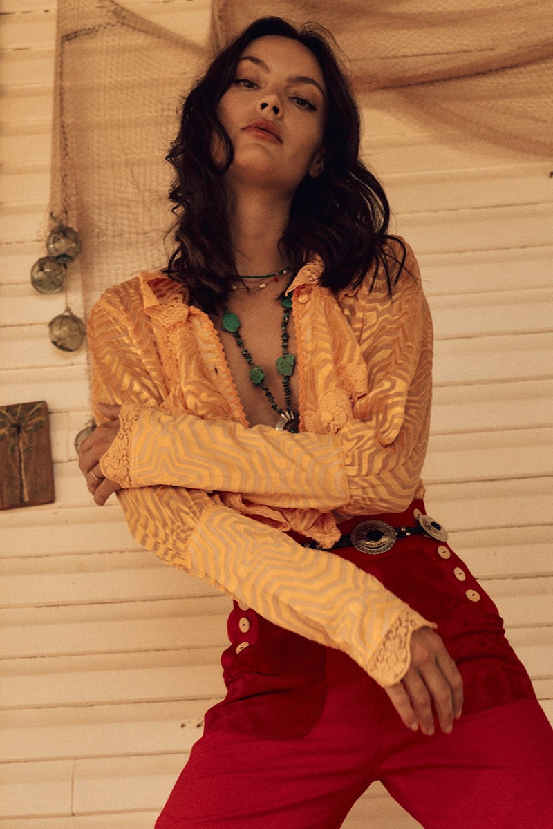 Good Times, Bad Times Silk Burnout, Lace + Ruffle Blouse - Golden Sunset