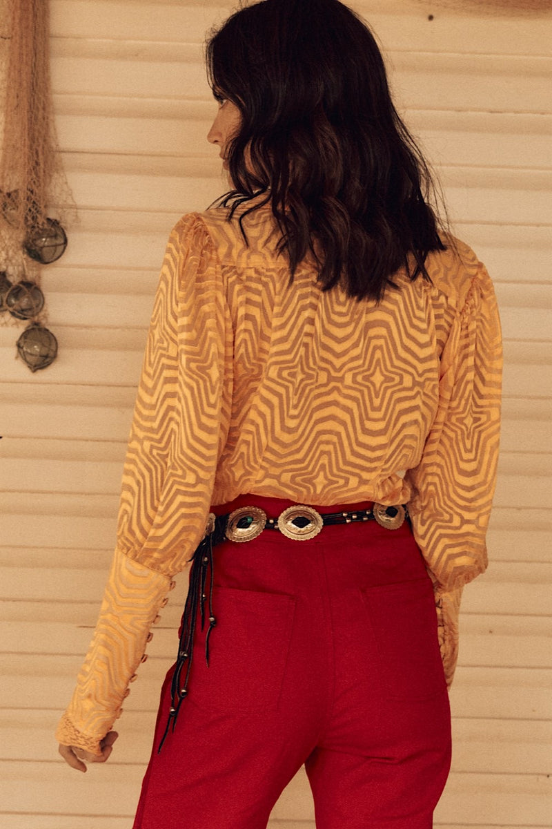 Good Times, Bad Times Silk Burnout, Lace + Ruffle Blouse - Golden Sunset