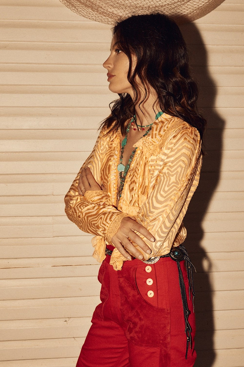 Good Times, Bad Times Silk Burnout, Lace + Ruffle Blouse - Golden Sunset