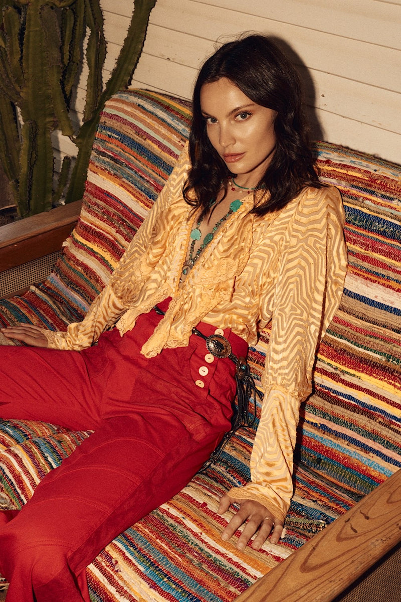 Good Times, Bad Times Silk Burnout, Lace + Ruffle Blouse - Golden Sunset