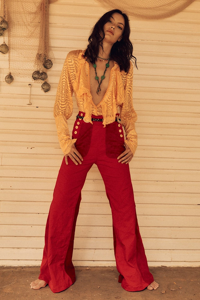 Red Hot Stretch Cotton Twill And Suede Patchwork Flares
